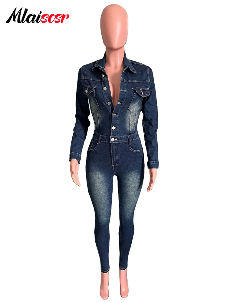 Streetwear Vesti femmes bleu Denim combinaisons Sexy manches longues mince salopette pantalon