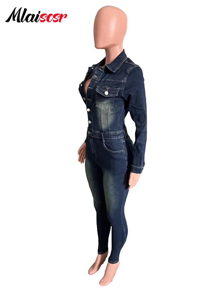 Streetwear Vesti femmes bleu Denim combinaisons Sexy manches longues mince salopette pantalon