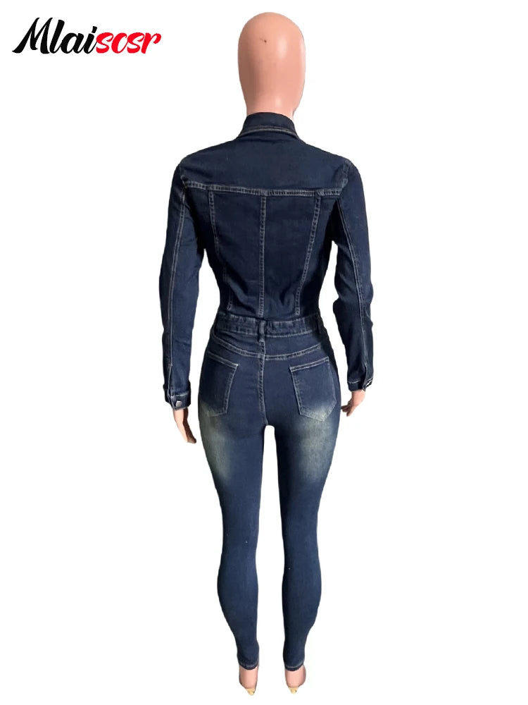 Streetwear Vesti femmes bleu Denim combinaisons Sexy manches longues mince salopette pantalon